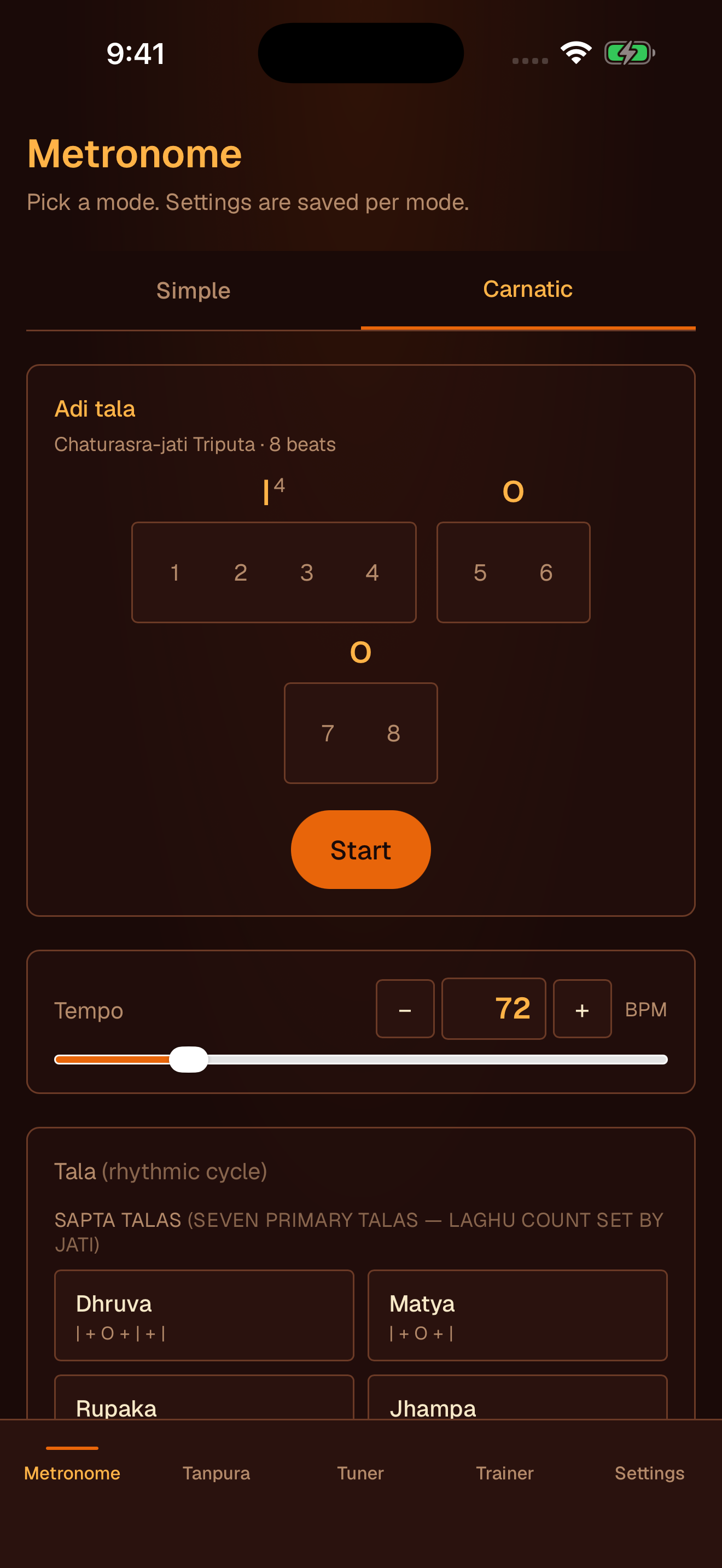 Metronome with Adi tala beat grid