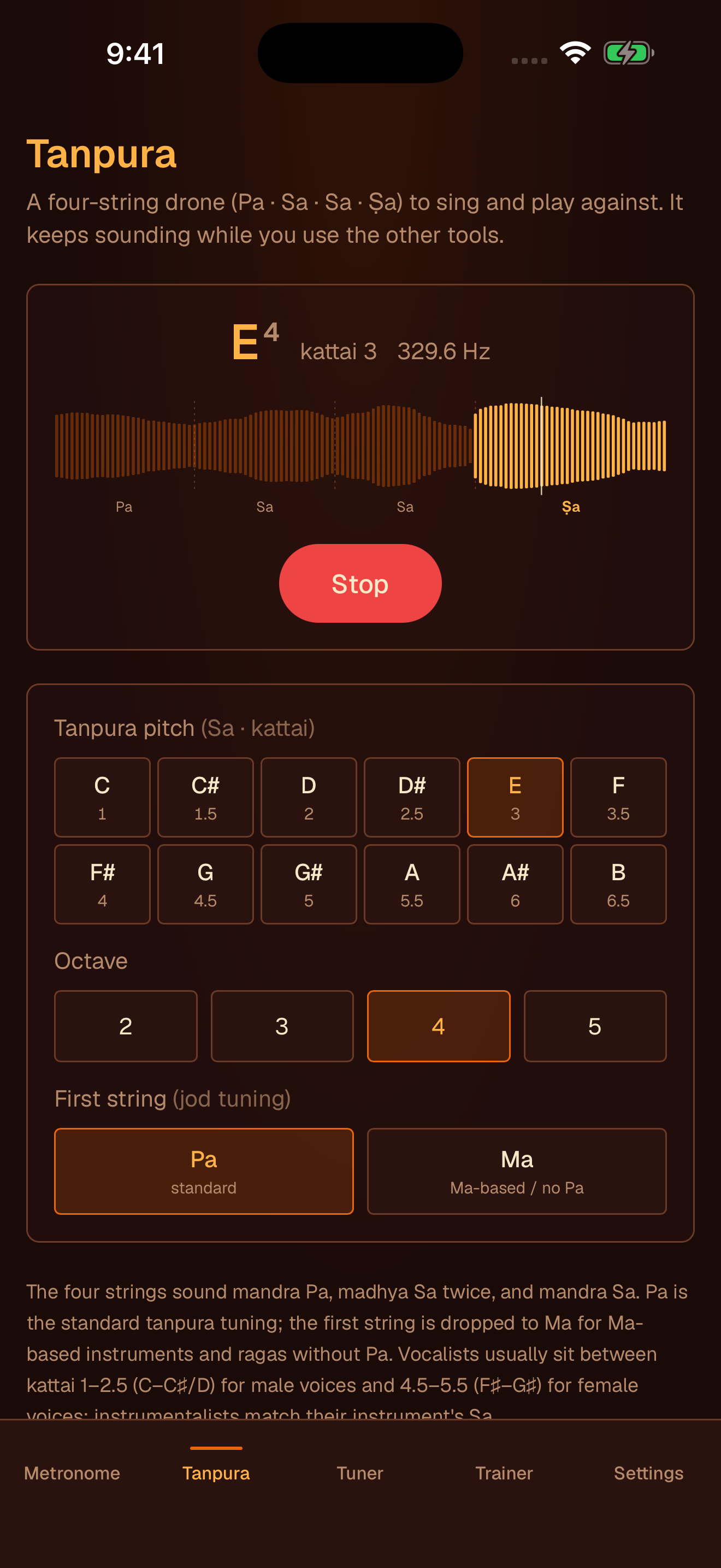 Tanpura drone playing, with its waveform and pitch controls