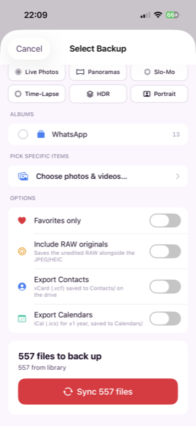 Backup selection bottom showing Albums, Pick specific items, Favorites, Export Contacts and Export Calendars options