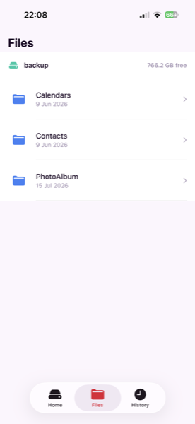 Files tab showing Calendars, Contacts, and PhotoAlbum folders on the drive