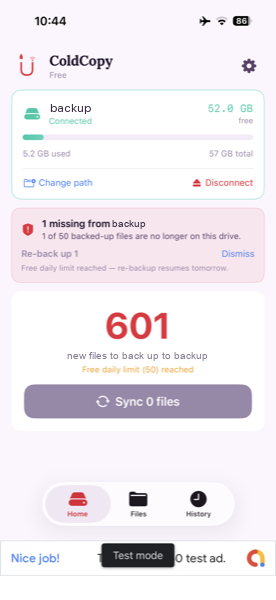 Home screen on Free tier showing daily limit of 50 reached with greyed Sync 0 files button