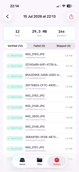 History detail showing 12 files, 29.3 MB, 14 seconds, with each file listed as Verified