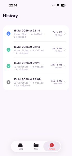 History tab showing four backup sessions with dates, file counts, and sizes