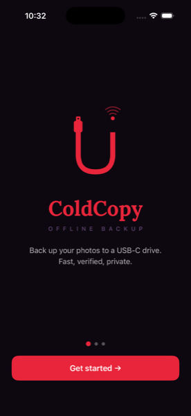ColdCopy onboarding screen showing the logo and Get started button