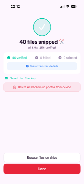 Transfer complete screen — 40 files snipped, all SHA-256 verified