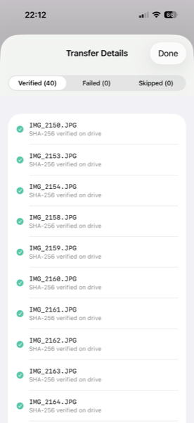 Transfer details showing each file with SHA-256 verified badge
