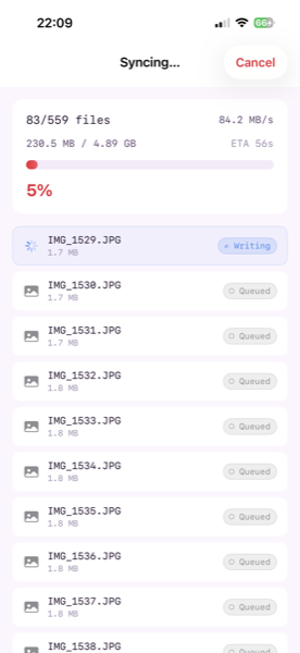 Transfer in progress showing 83 of 559 files at 84.2 MB/s