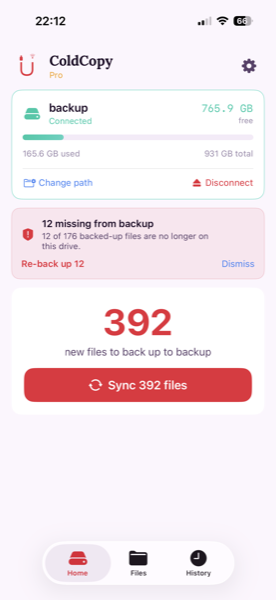 Home screen showing 12 missing from backup with Re-back up 12 button