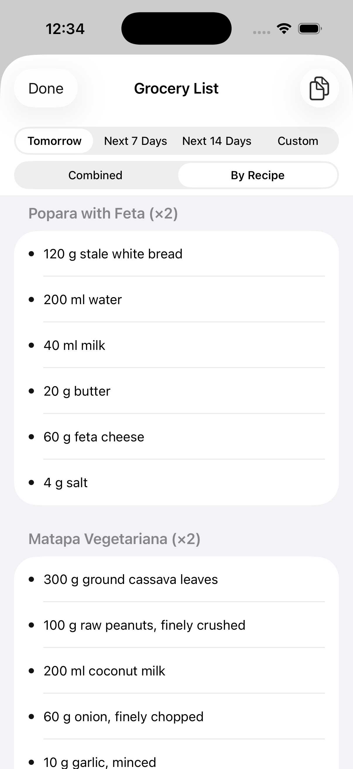 Grocery list by recipe